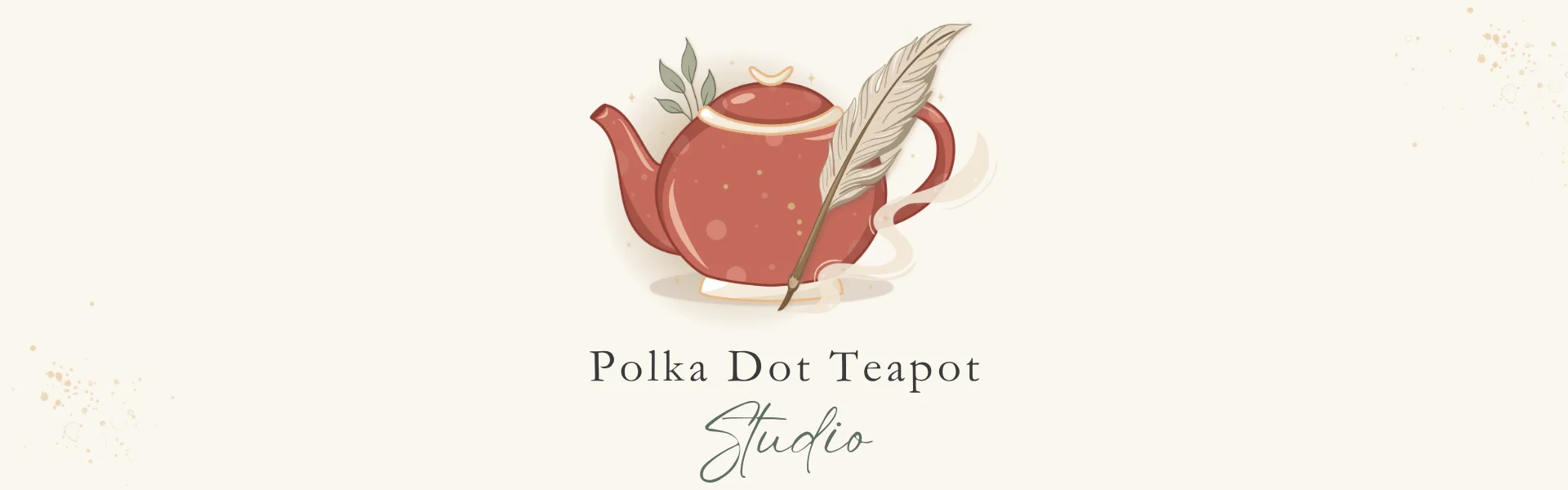 Illustrated Polka Dot Teapot Studio logo featuring a terracotta teapot, botanical leaves and quill, with the brand name beneath on a warm cream background.