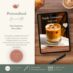 Personalised Brand Kit cover showing an editable Canva brand kit created around your business, ideas and visual style.