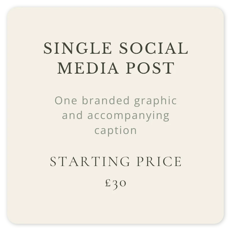Single social media post with one branded graphic and accompanying caption, starting from £30.