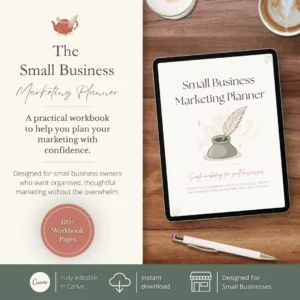 Mock-up of the Small Business Marketing Planner displayed on a tablet beside a notebook and coffee. The editable Canva workbook is designed to help small business owners plan content, organise campaigns and build a thoughtful marketing strategy.
