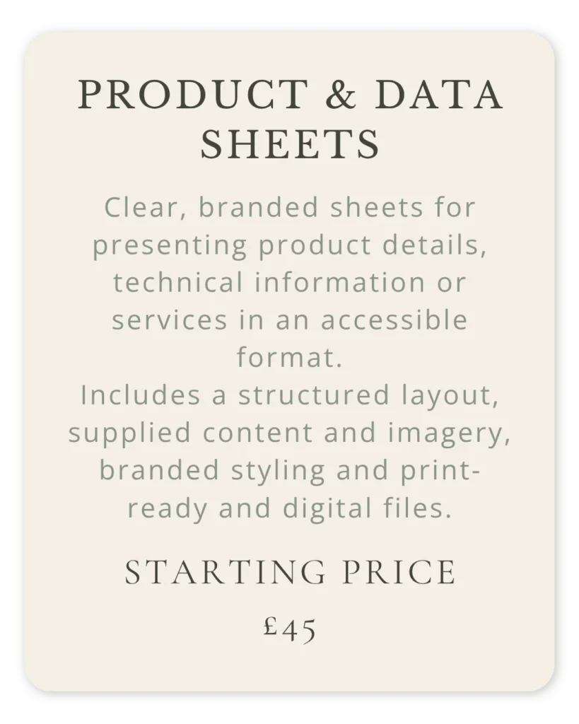 Product and data sheet design for presenting product details, technical information or services, starting from £45.