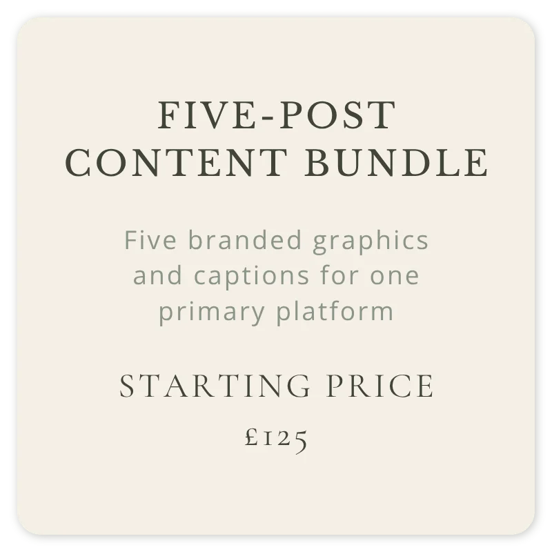 Five-post content bundle with five branded graphics and captions for one primary platform, starting from £125.