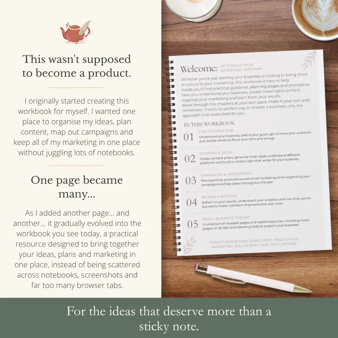 Lifestyle mock-up showing the Small Business Marketing Planner with an introduction explaining how the workbook evolved from a personal planning tool into a practical marketing resource for small businesses.