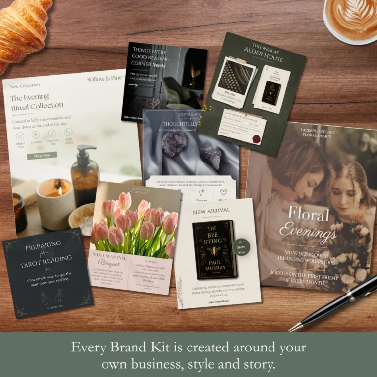 Examples of bespoke social media templates and marketing designs created as part of a Personalised Brand Kit.