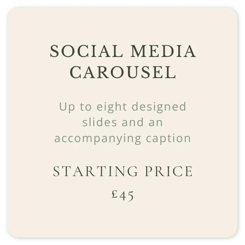 Social media carousel with up to eight designed slides and an accompanying caption, starting from £45.