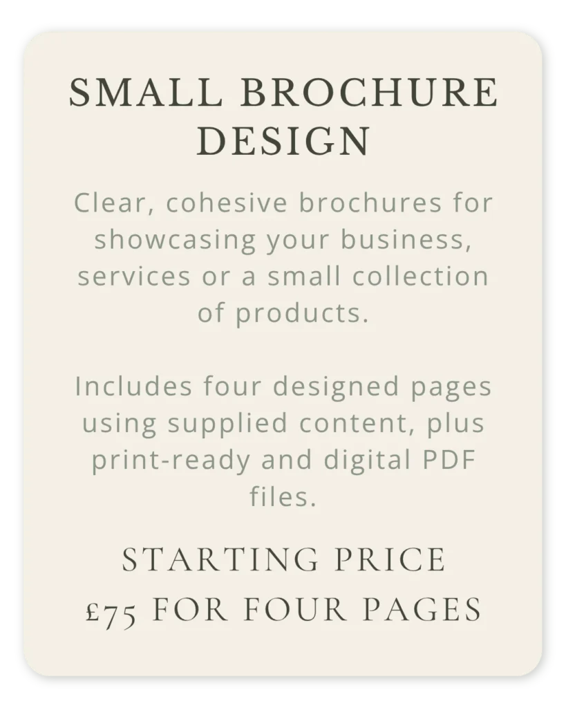 Four-page brochure design for showcasing a business, services or product collection, starting from £75.