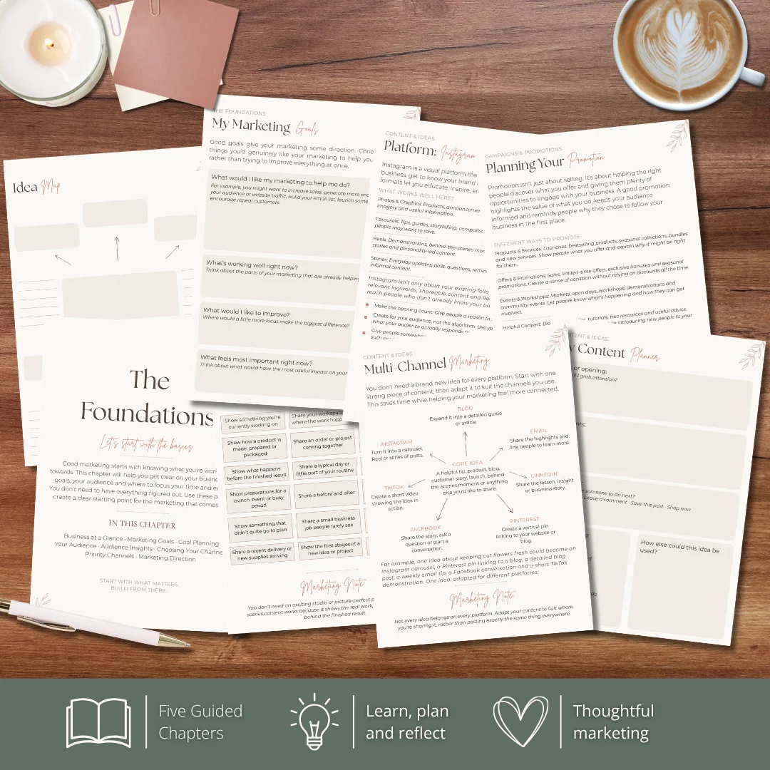 Preview of the Small Business Marketing Planner featuring worksheets, content planning pages, platform guides and marketing resources designed to help small business owners learn, plan and reflect.
