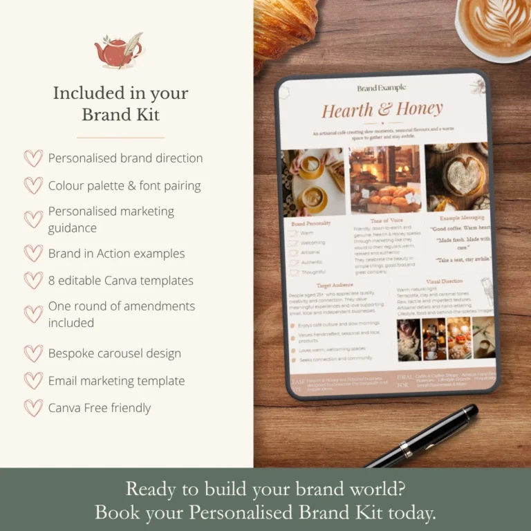 Overview of what's included in a Personalised Brand Kit, including brand direction, Canva templates, marketing guidance and email design.