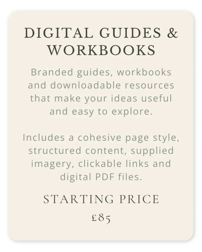 Digital guide and workbook design with structured content, supplied imagery and clickable links, starting from £85.