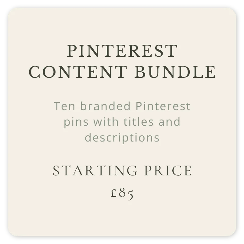 Pinterest content bundle with ten branded Pinterest pins, including titles and descriptions, starting from £85.
