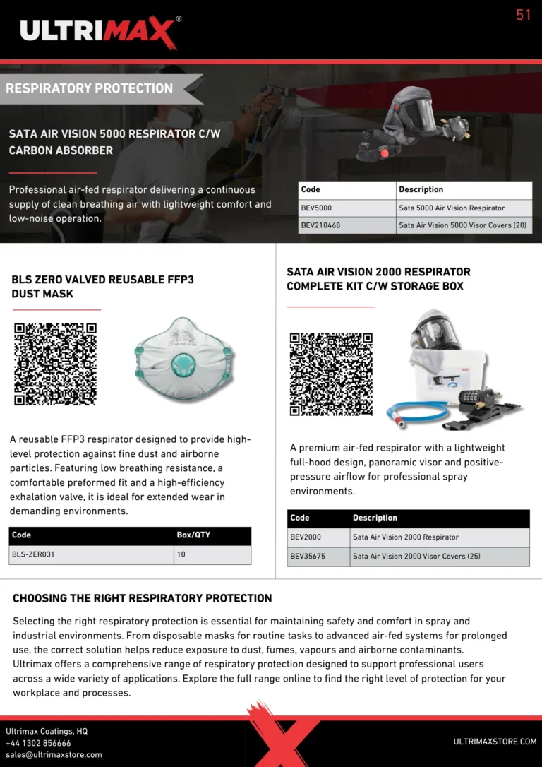 Respiratory protection product page featuring filters, masks and breathing equipment