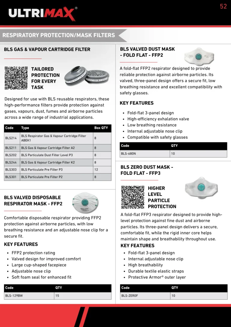 Respiratory mask and filter product page with technical specifications
