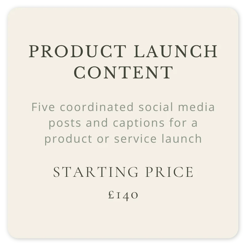 Product launch content bundle with five coordinated social media posts and captions for a product or service launch, starting from £140.