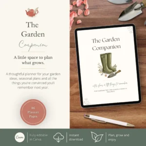 The Garden Companion editable garden planner displayed on a tablet beside gardening tools, with text describing the 86-page Canva template and instant download.