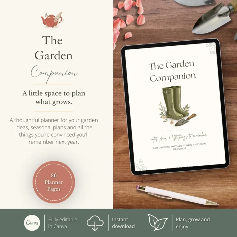 The Garden Companion editable garden planner displayed on a tablet beside gardening tools, with text describing the 86-page Canva template and instant download.