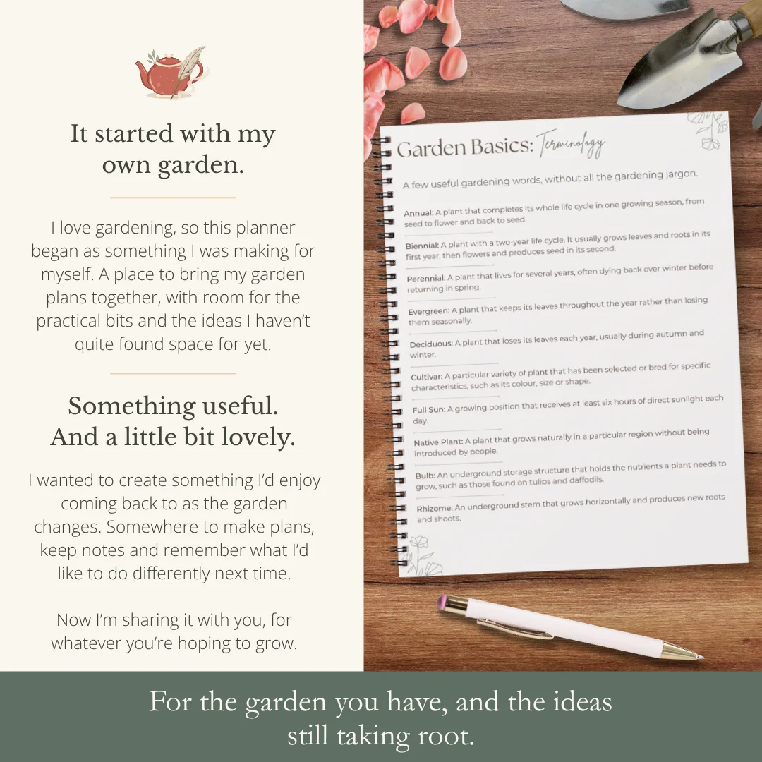 The story behind The Garden Companion, shown beside a gardening terminology page explaining common terms including annual, perennial and full sun.