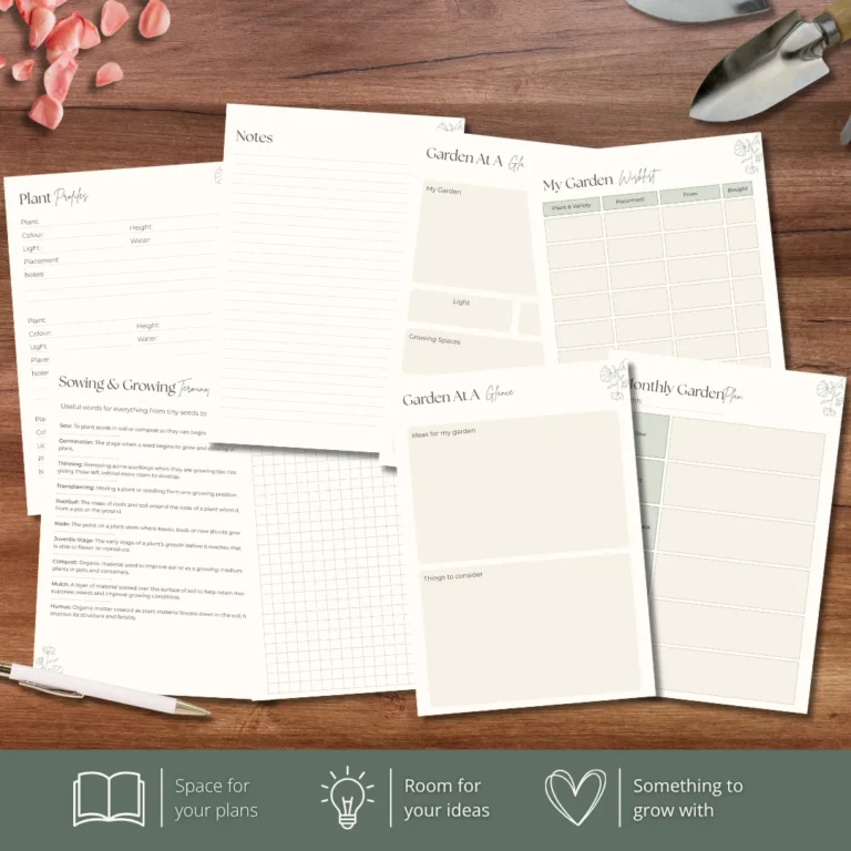 Selection of Garden Companion pages including plant profiles, notes, garden overview, wishlist, monthly planning and gardening terminology sheets.