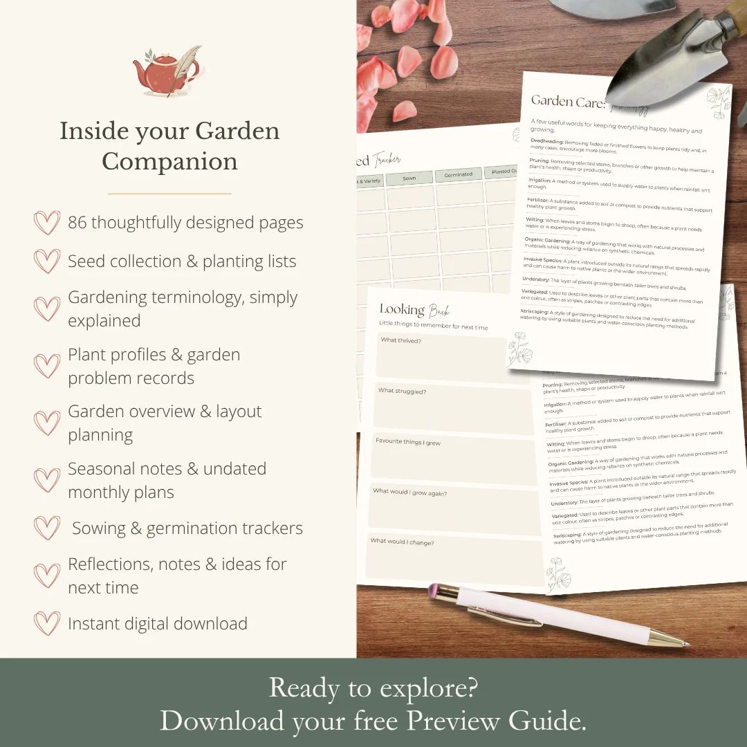 Overview of the 86-page Garden Companion showing seed trackers, gardening terminology, seasonal plans, plant records and reflection pages.